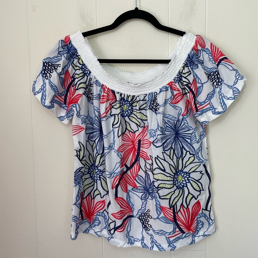 Skies Are Blue Short Sleeve Embroidered Floral Blouse Off Shoulder ~ Size S